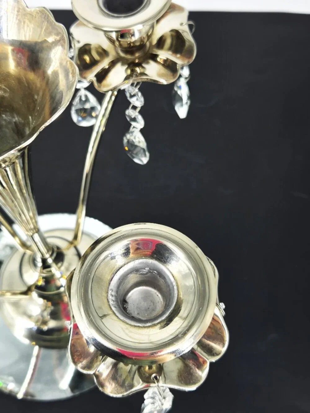 70s Silverplate Epergne 4 Arm Candelabra Trumpet Vase Crystals Japan Silversmith